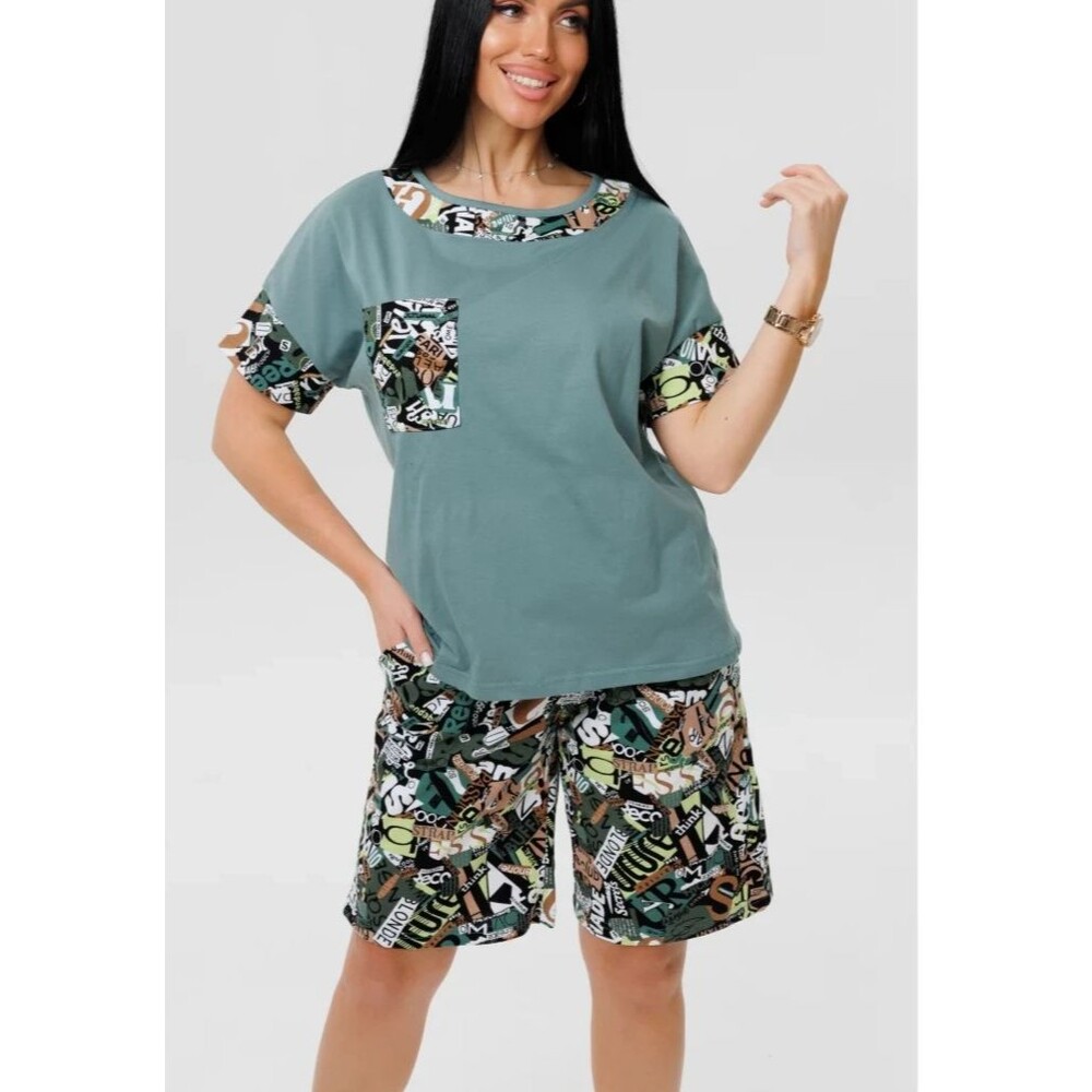 Womens L Blue Green Print Cotton Knit Lounge Set Short Sleeve T-Shirt Shorts 2pc
